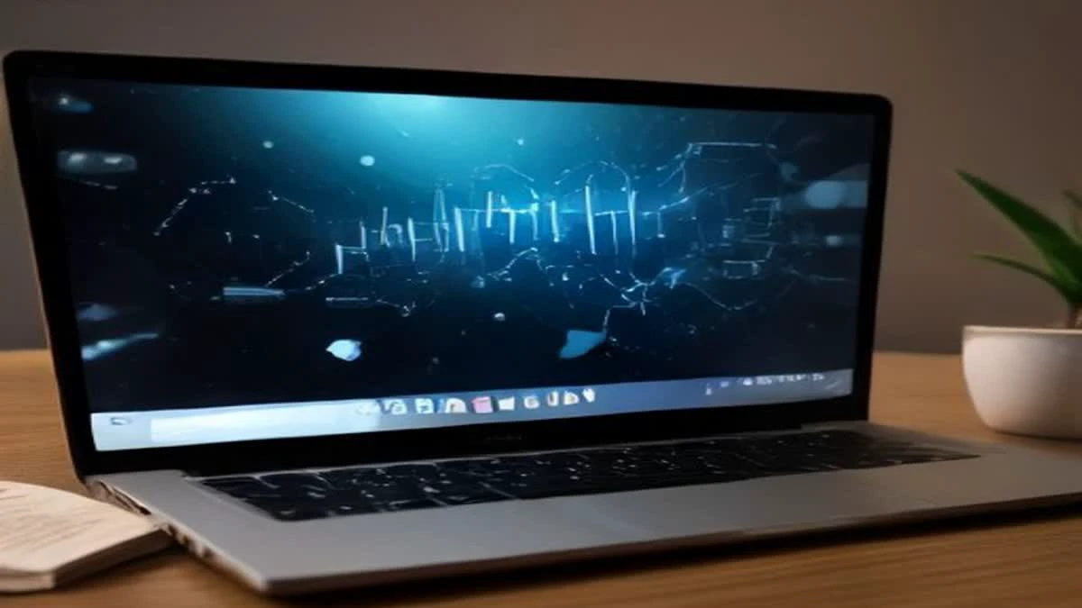 A laptop on a coffee table at night with abstract rounded speech bubbles glowing on its screen
